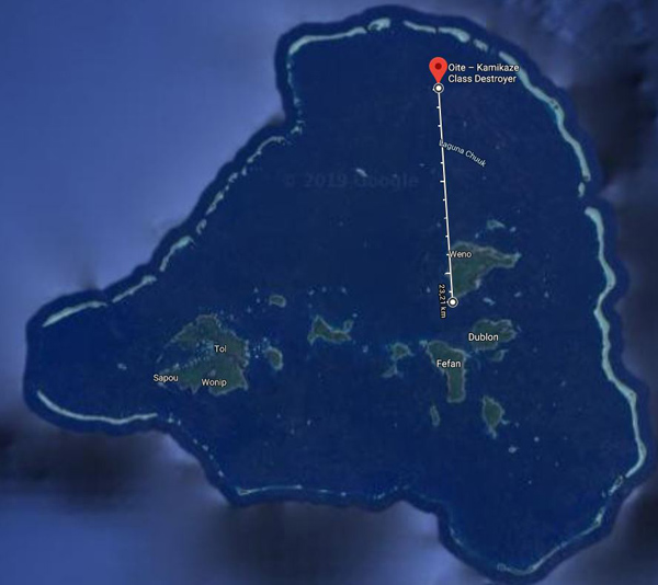Oite Destroyer distance to the resort in Chuuk Lagoon Oite Destroyer distance to the resort in Chuuk Lagoon